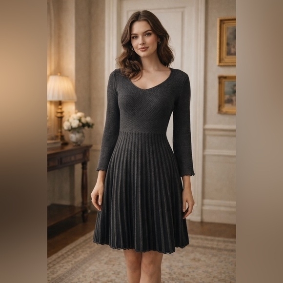 Calvin Klein Dresses & Skirts - Calvin Klein Black Textured Knit Pleated Midi Dress Large Retro Vintage Academia
